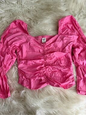 Girls Pink Puff-Sleeve Ruched Button-Front Top